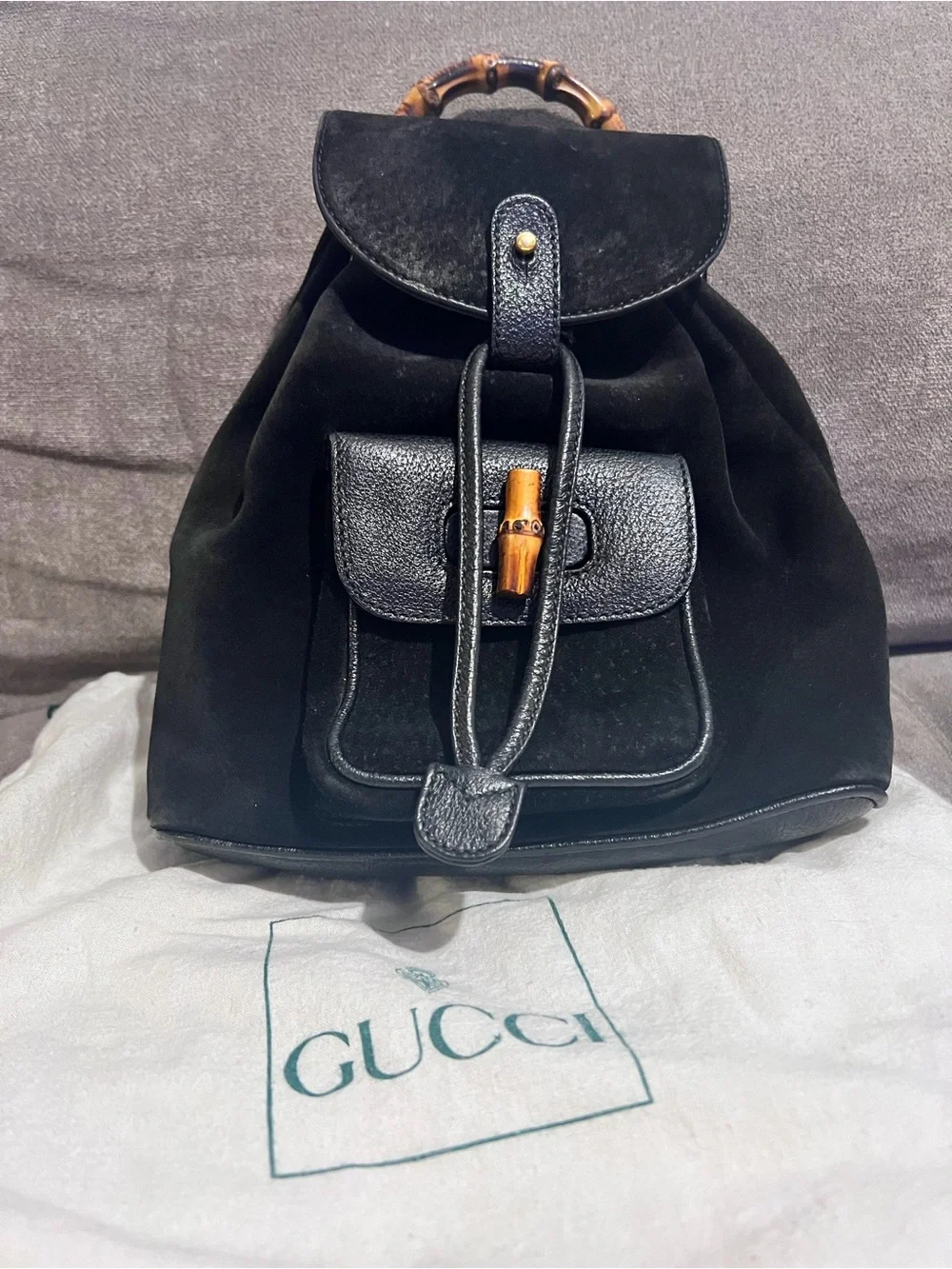 Gucci Black Suede & Leather Bamboo-Handle Drawstring Backpack